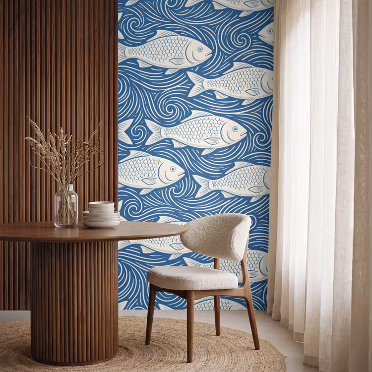 Vis - Water - Patroon - Grafisch - Blauw Behang Vlies klein -sfeer1