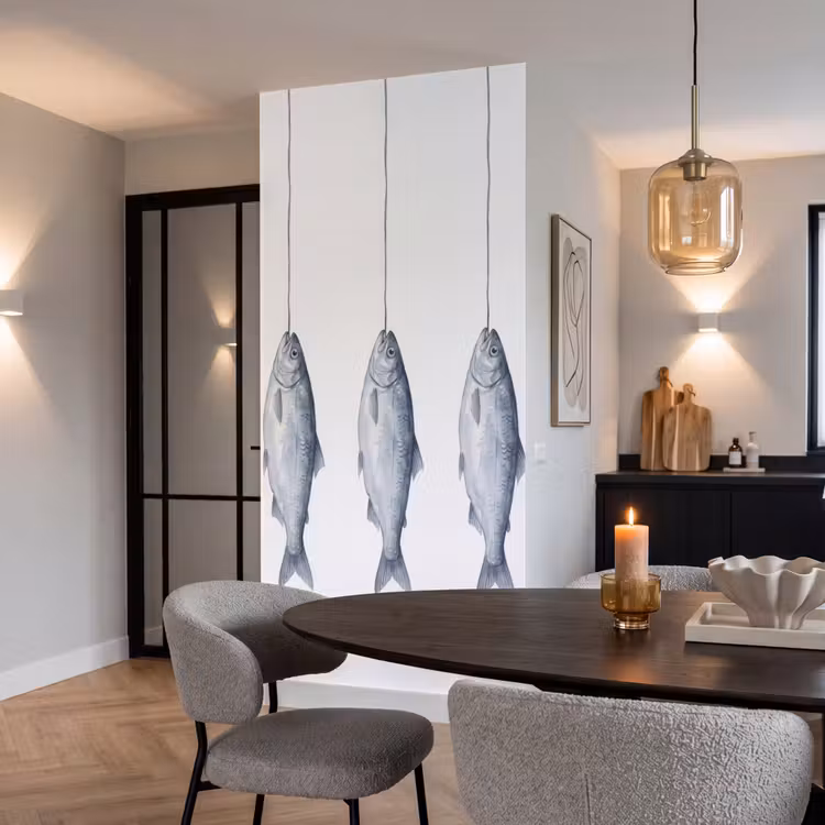 Vissen - Illustratie - Delfts - Blauw Behang Vlies klein -sfeer3