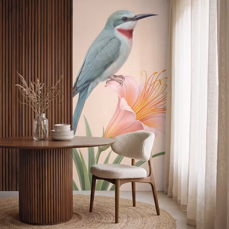 Vogel - Bloem - Natuur - Roze Behang Vlies klein -sfeer1