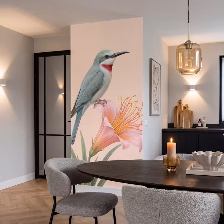 Vogel - Bloem - Natuur - Roze Behang Vlies klein -sfeer3