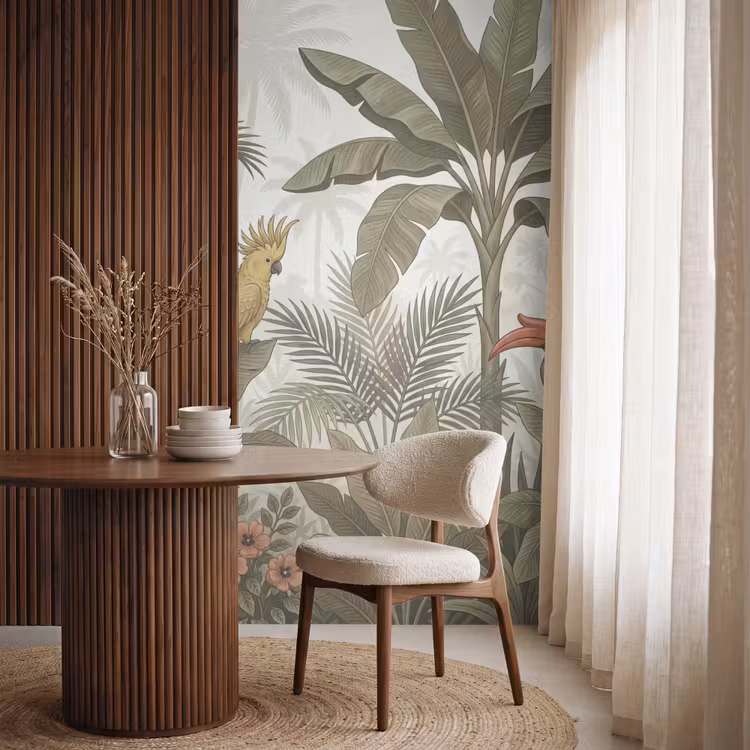Vogel - Jungle - Tropisch - Illustratie - Groen Behang Vlies klein -sfeer1