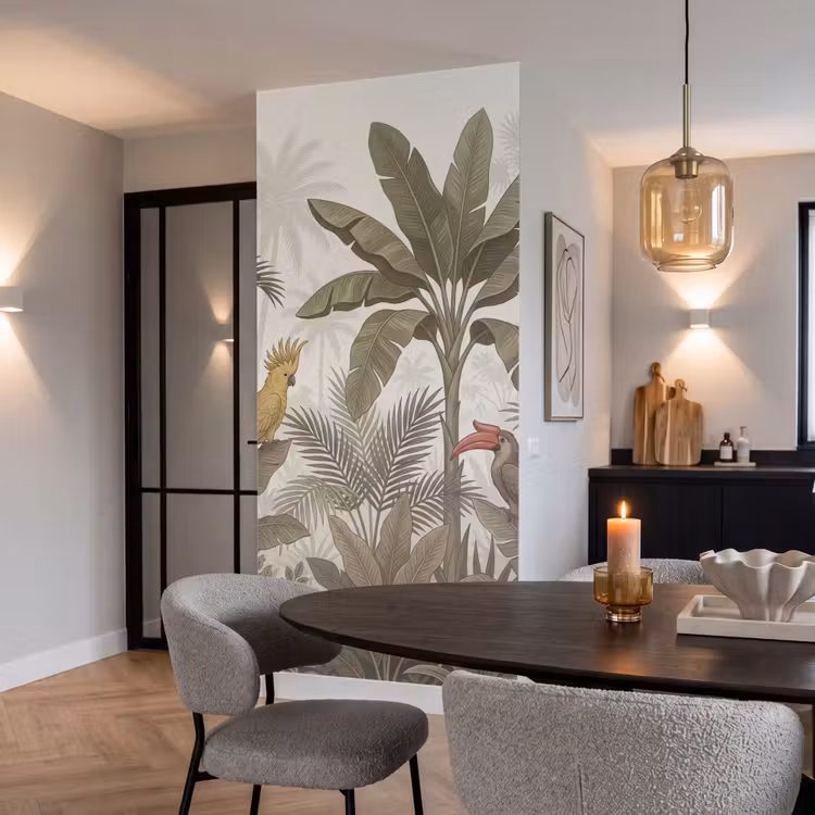 Vogel - Jungle - Tropisch - Illustratie - Groen Behang Vlies klein -sfeer3