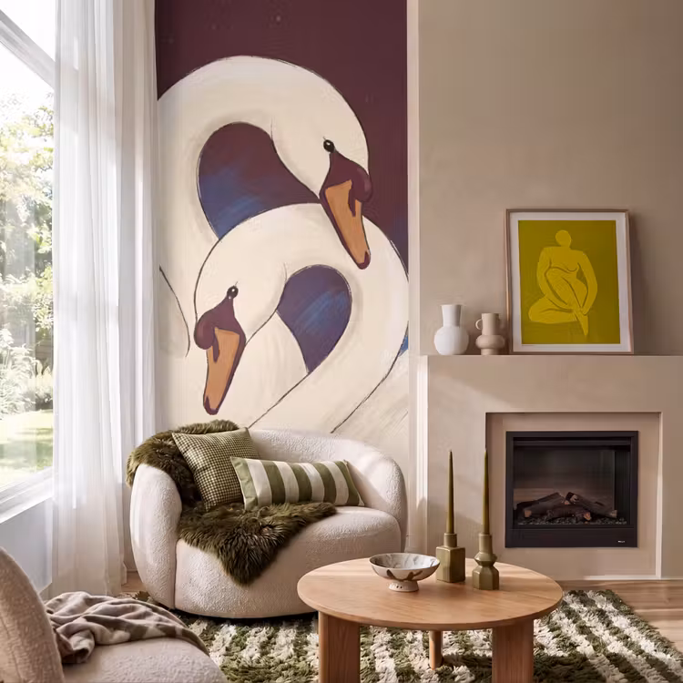 Vogel - Koppel - Liefde - Abstract - Wit Behang Vlies klein -sfeer2