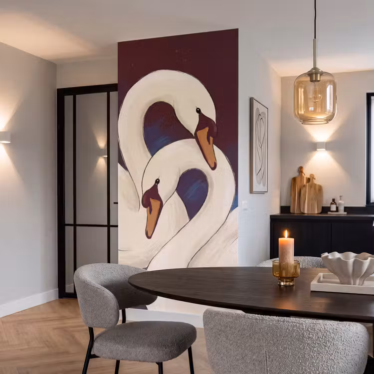 Vogel - Koppel - Liefde - Abstract - Wit Behang Vlies klein -sfeer3
