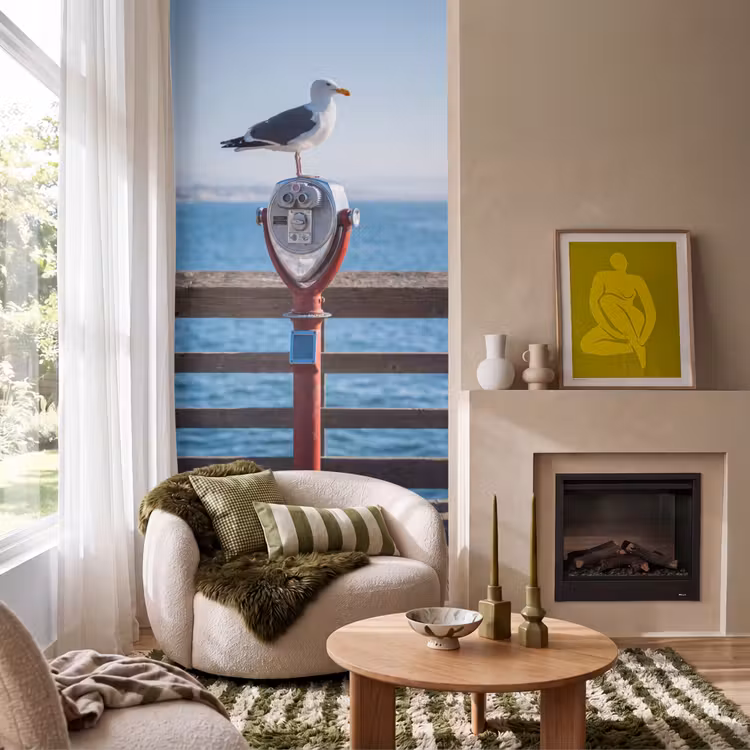 Vogel - Verrekijker - Kust - Zee - Blauw Behang Vlies klein -sfeer2