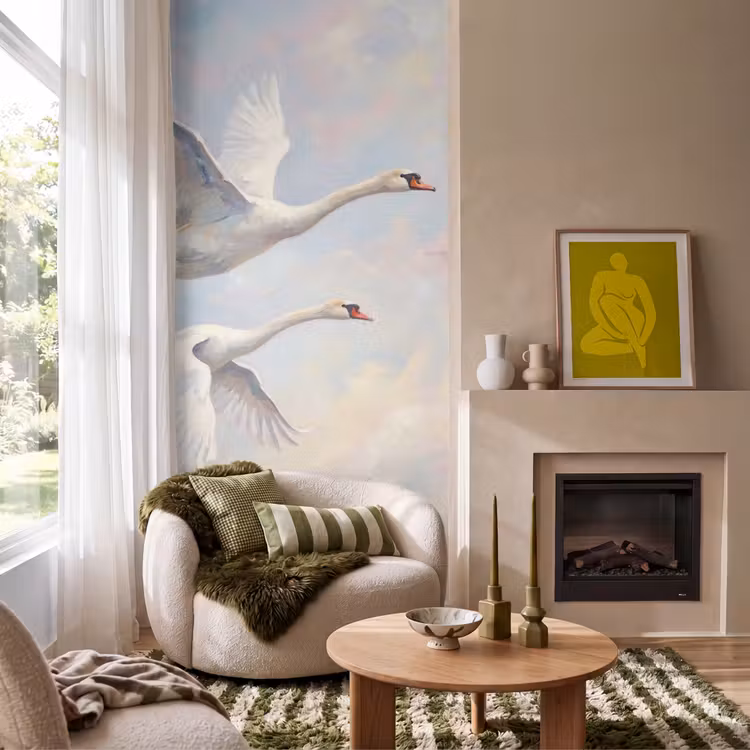 Vogel - Vliegend - Lucht - Modern - Pastel Behang Vlies klein -sfeer2