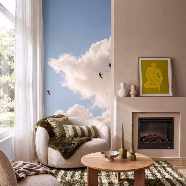 Vogel - Vlucht - Wolken - Natuur - Blauw Behang Vlies klein -sfeer2