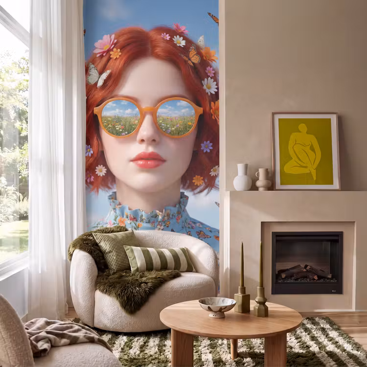 Vrouw - Bloemen - Zomer - Portret - Kleurrijk Behang Vlies klein -sfeer2