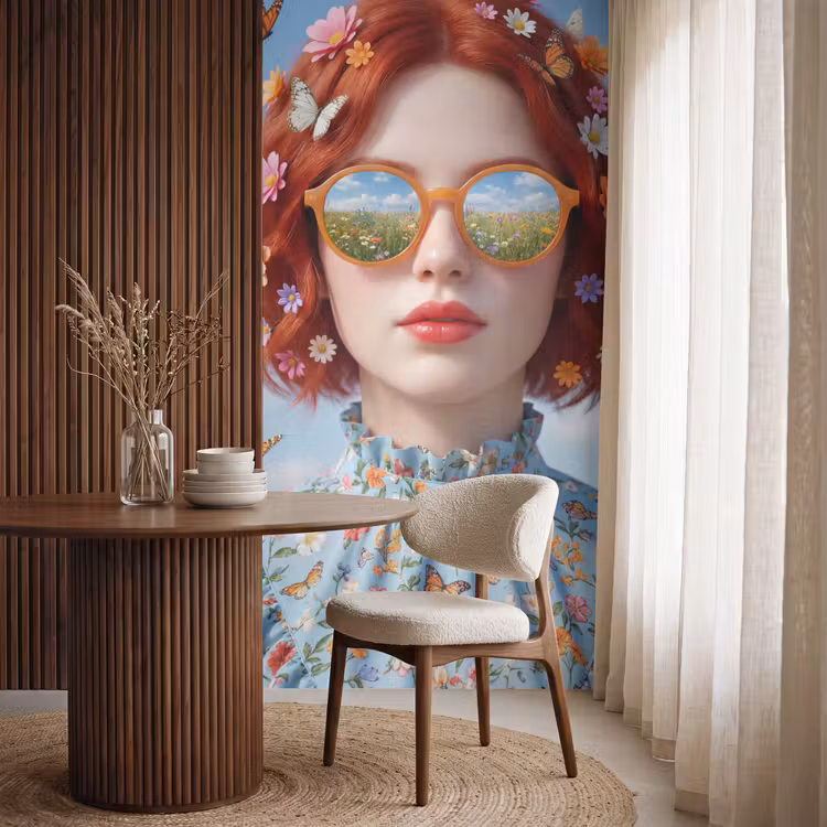 Vrouw - Bloemen - Zomer - Portret - Kleurrijk Behang Vlies klein -sfeer1