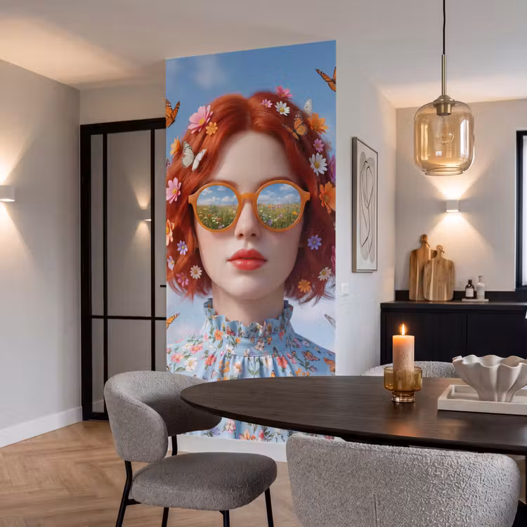 Vrouw - Bloemen - Zomer - Portret - Kleurrijk Behang Vlies klein -sfeer3