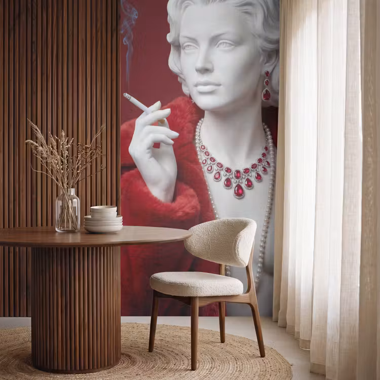 Vrouw - Bontjas - Mode - Klassiek - Rood Behang Vlies klein -sfeer1