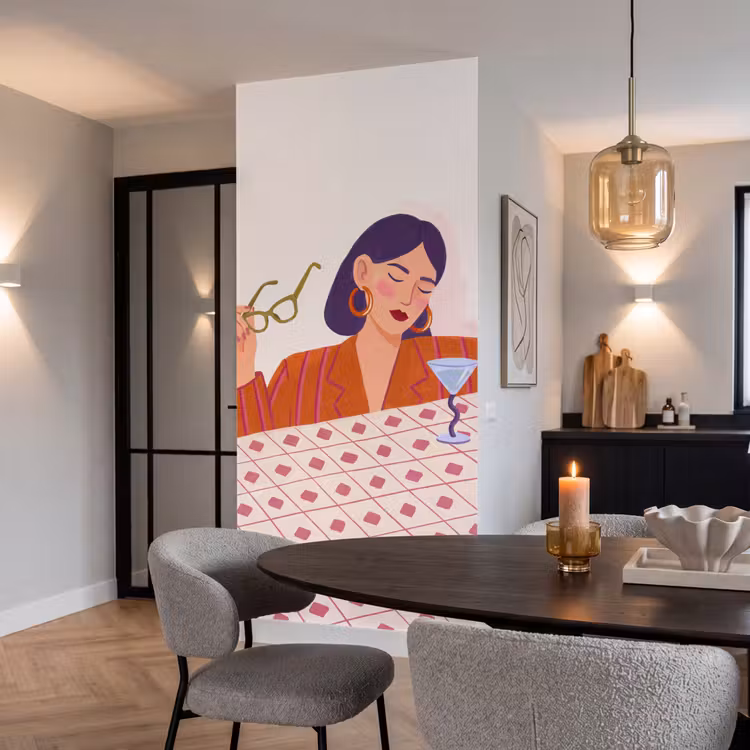 Vrouw - Bril - Cocktail - Illustratie - Modern Behang Vlies klein -sfeer3