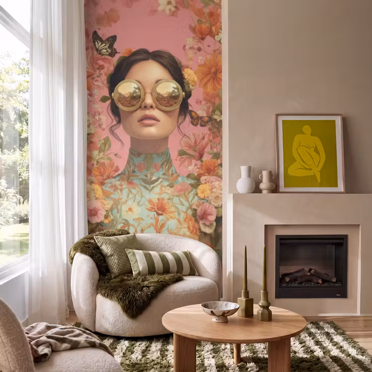 Vrouw - Bril - Roze - Bloemen Behang Vlies klein -sfeer2