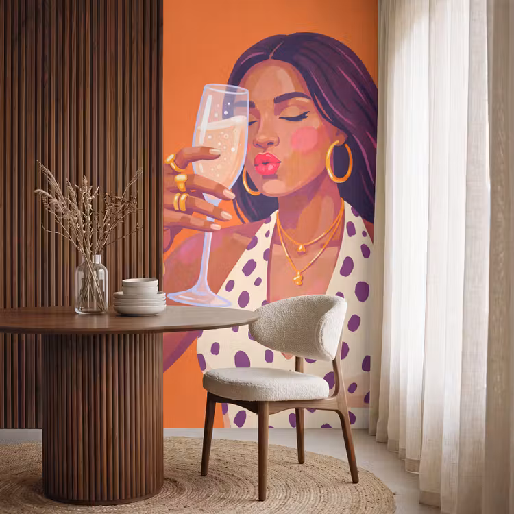 Vrouw - Champagne - Feest - Modern - Oranje Behang Vlies klein -sfeer1