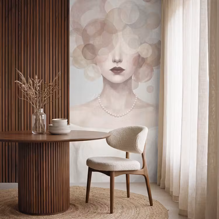 Vrouw - Cirkels - Beige Behang Vlies klein -sfeer1