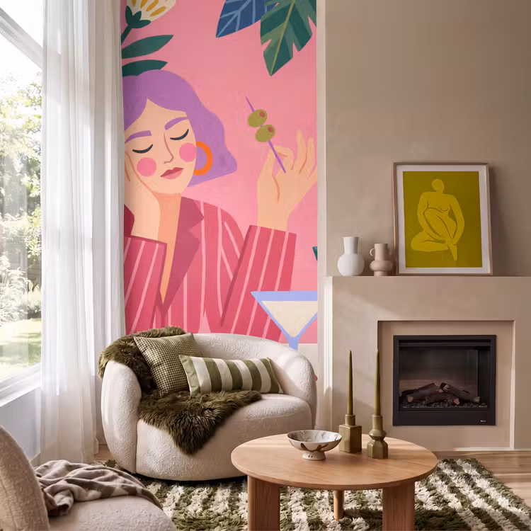 Vrouw - Cocktail - Bloemen - Modern - Roze Behang Vlies klein -sfeer2