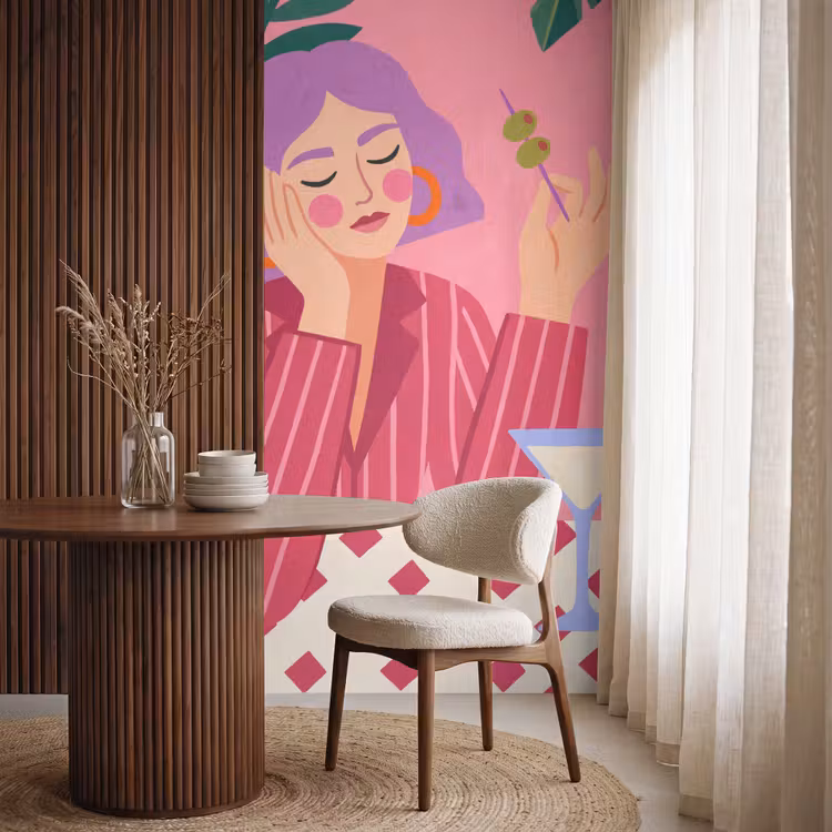 Vrouw - Cocktail - Bloemen - Modern - Roze Behang Vlies klein -sfeer1