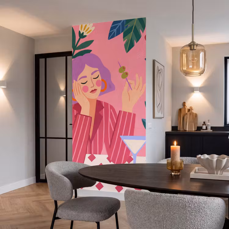 Vrouw - Cocktail - Bloemen - Modern - Roze Behang Vlies klein -sfeer3