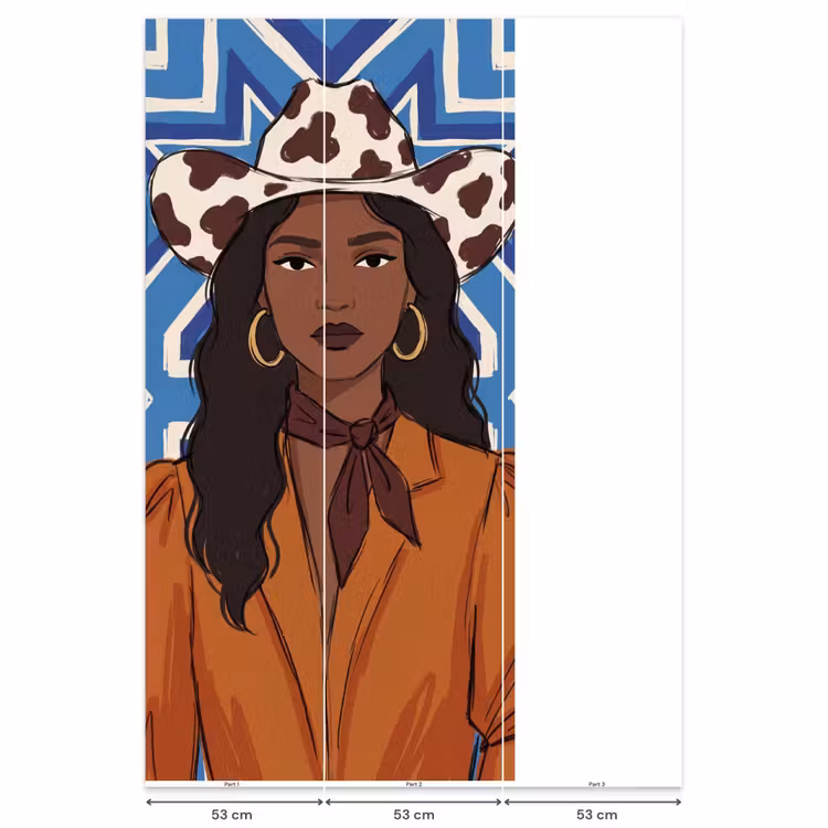 Vrouw - Cowboyhoed - Portret - Modern - Blauw Behang Vlies klein -USP_banen