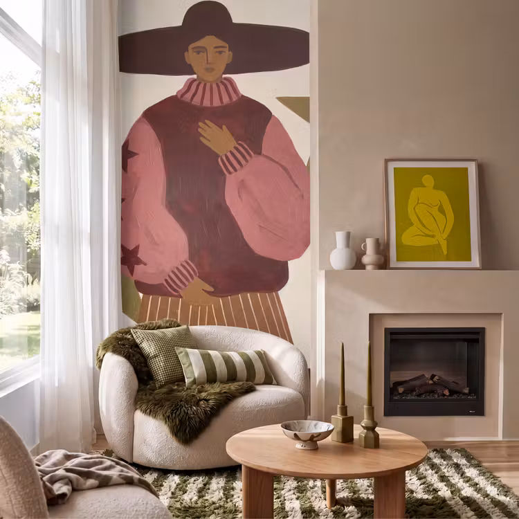 Vrouw - Hoed - Abstract - Modern - Portret Behang Vlies klein -sfeer2