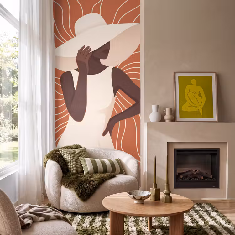 Vrouw - Hoed - Portret - Modern - Beige Behang Vlies klein -sfeer2
