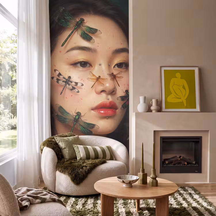 Vrouw - Insecten - Natuur - Portret - Groen Behang Vlies klein -sfeer2