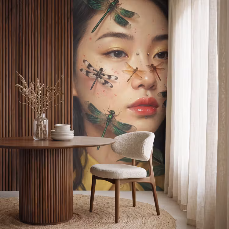 Vrouw - Insecten - Natuur - Portret - Groen Behang Vlies klein -sfeer1