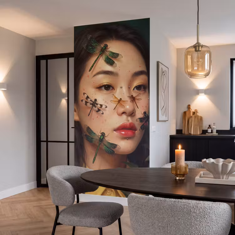 Vrouw - Insecten - Natuur - Portret - Groen Behang Vlies klein -sfeer3