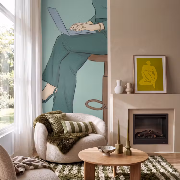 Vrouw - Laptop - Zittend - Illustratie - Groen Behang Vlies klein -sfeer2