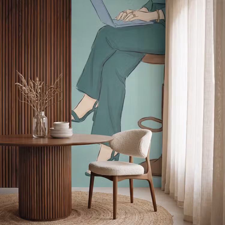 Vrouw - Laptop - Zittend - Illustratie - Groen Behang Vlies klein -sfeer1