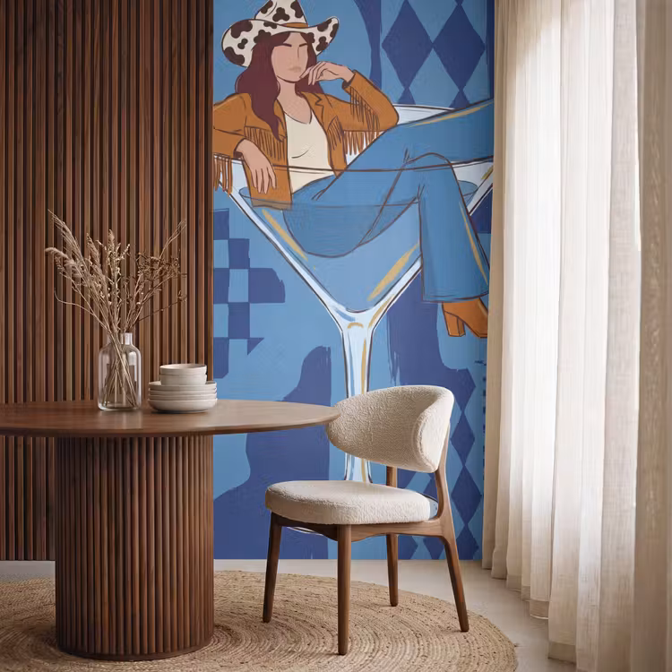 Vrouw - Martini glas - Abstract - Blauw - Kunst Behang Vlies klein -sfeer1