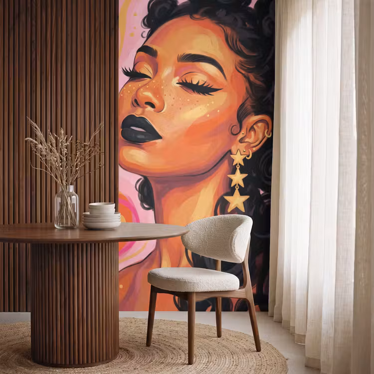 Vrouw - Portret - Abstract - Kleurrijk - Roze Behang Vlies klein -sfeer1