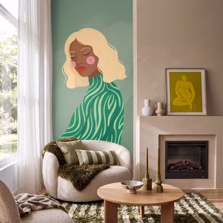 Vrouw - Portret - Illustratie - Modern - Groen Behang Vlies klein -sfeer2