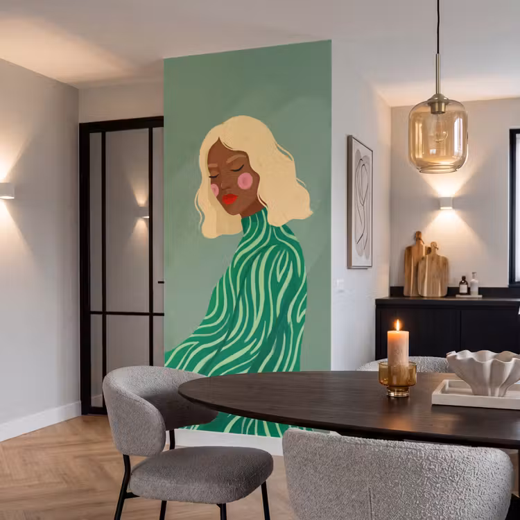 Vrouw - Portret - Illustratie - Modern - Groen Behang Vlies klein -sfeer3