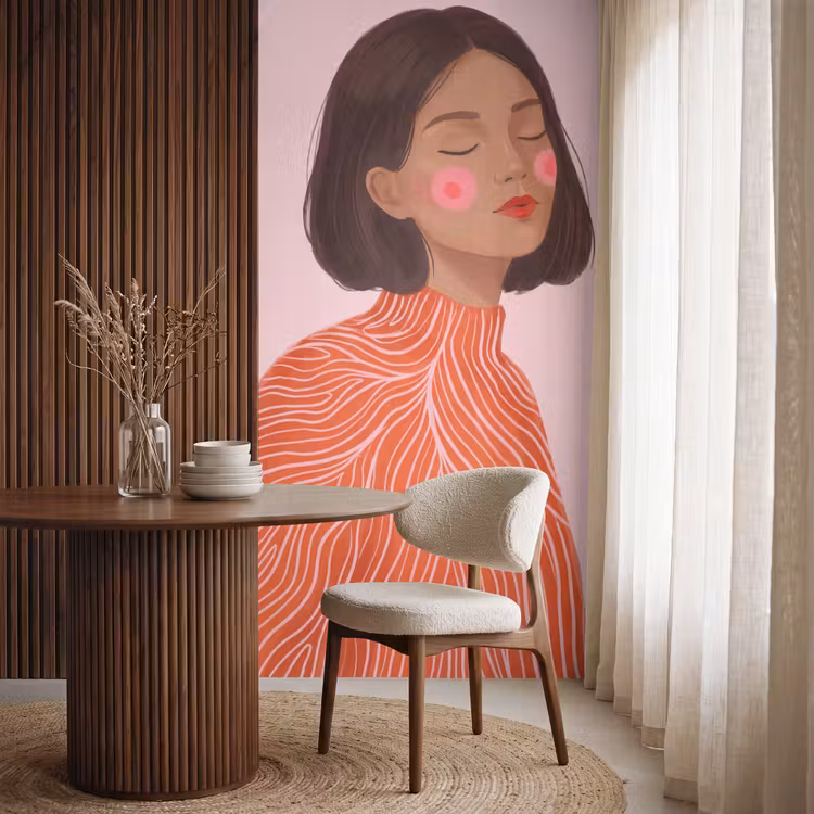 Vrouw - Portret - Modern - Kunst - Roze Behang Vlies klein -sfeer1