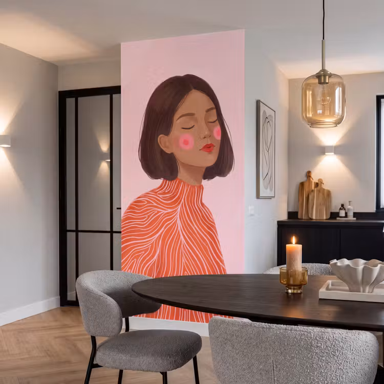 Vrouw - Portret - Modern - Kunst - Roze Behang Vlies klein -sfeer3