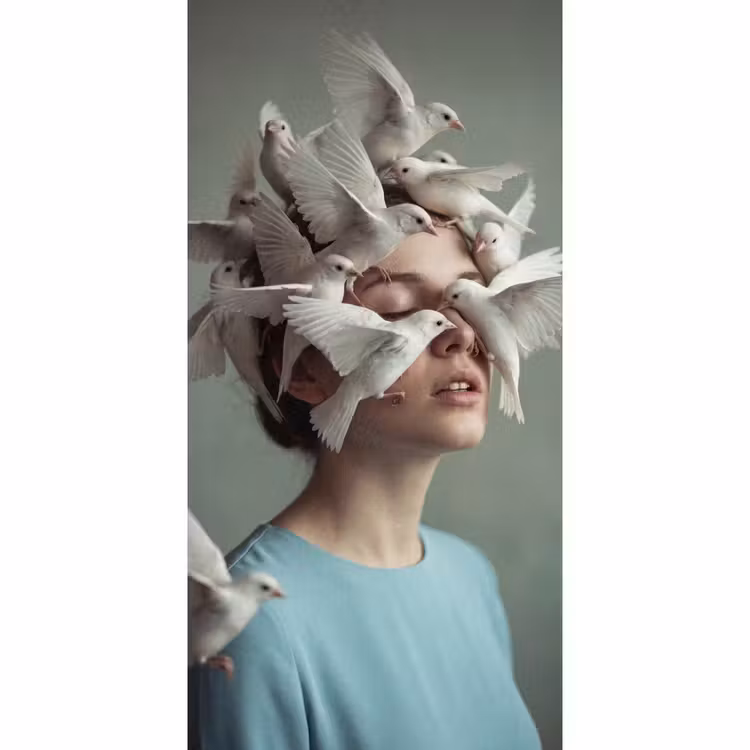 Vrouw - Vogels - Abstract - Modern - Wit Behang Vlies klein -3d_website