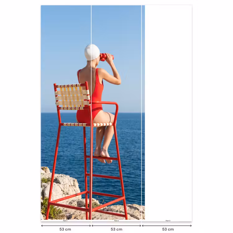 Vrouw - Zee - Kust - Verrekijker - Rood Behang Vlies klein -USP_banen