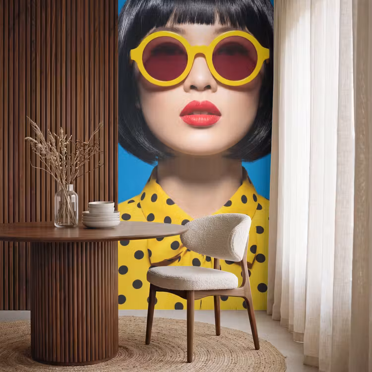 Vrouw - Zonnebril - Pop Art - Portret - Geel Behang Vlies klein -sfeer1
