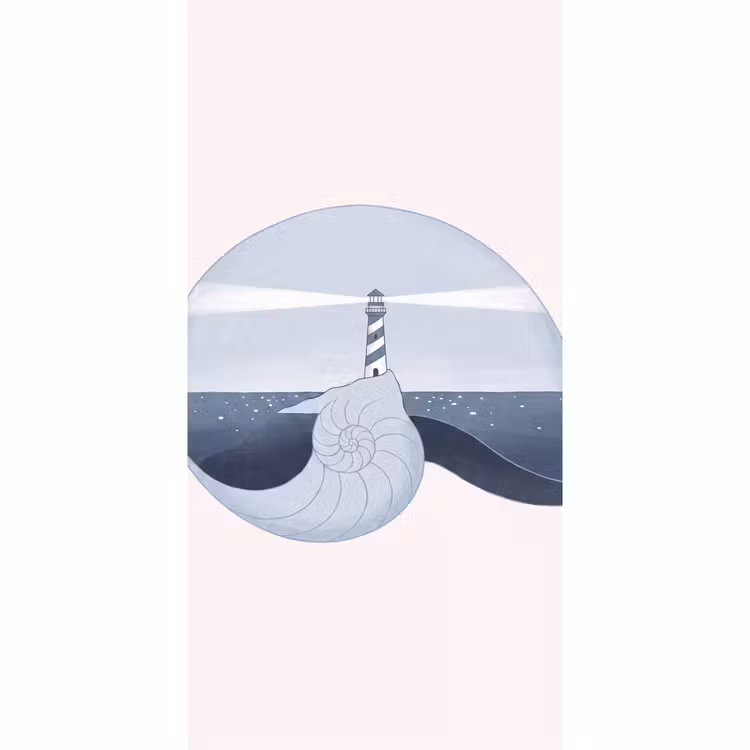 Vuurtoren - Zee - Schelp - Abstract - Blauw Behang Vlies klein -3d_website