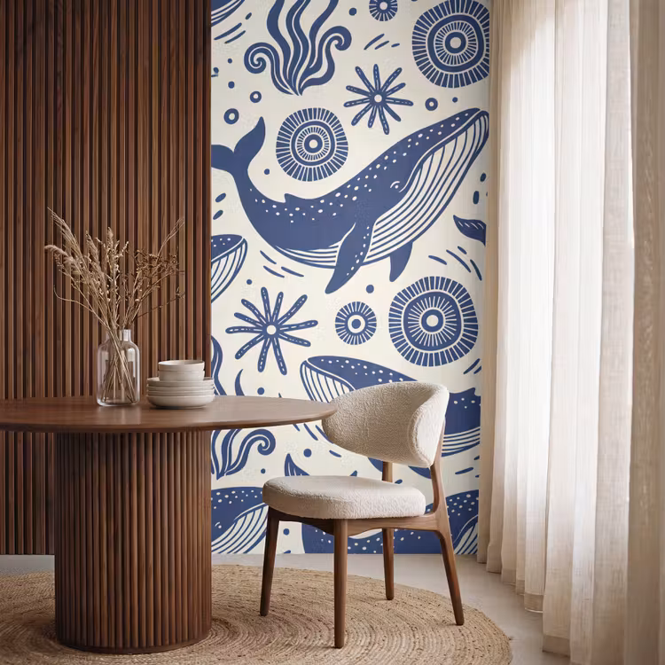 Walvis - Onderwater - Dieren - Abstract - Blauw Behang Vlies klein -sfeer1