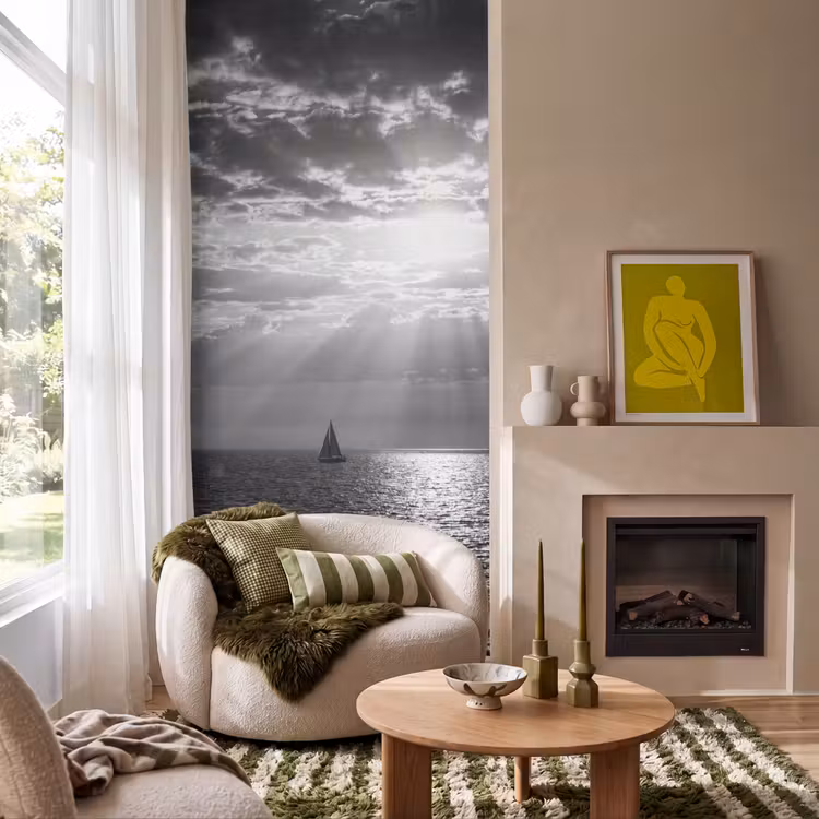 Water - Boot - Lucht - Natuur - Zwart-wit Behang Vlies klein -sfeer2