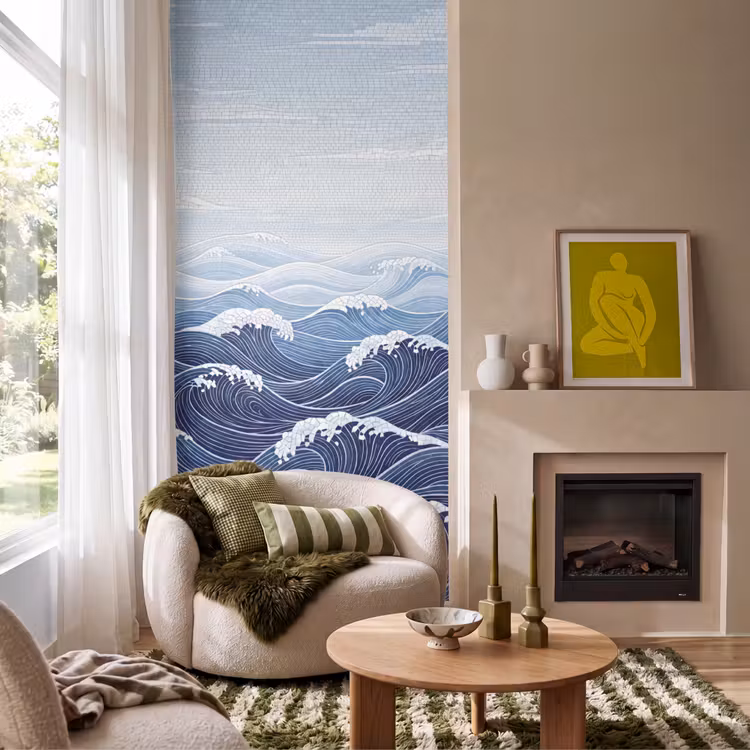 Water - Mozaïek - Landschap - Modern - Blauw Behang Vlies klein -sfeer2