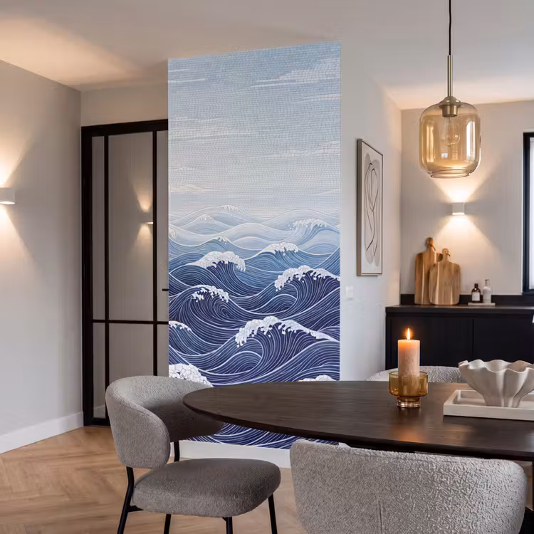 Water - Mozaïek - Landschap - Modern - Blauw Behang Vlies klein -sfeer3
