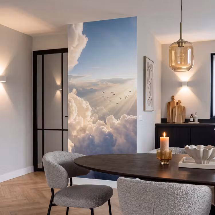 Wolken - Zonnestralen - Natuur - Wit Behang Vlies klein -sfeer3