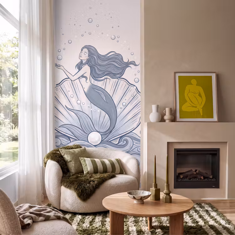 Zeemeermin - Schelp - Zee - Fantasie - Blauw Behang Vlies klein -sfeer2