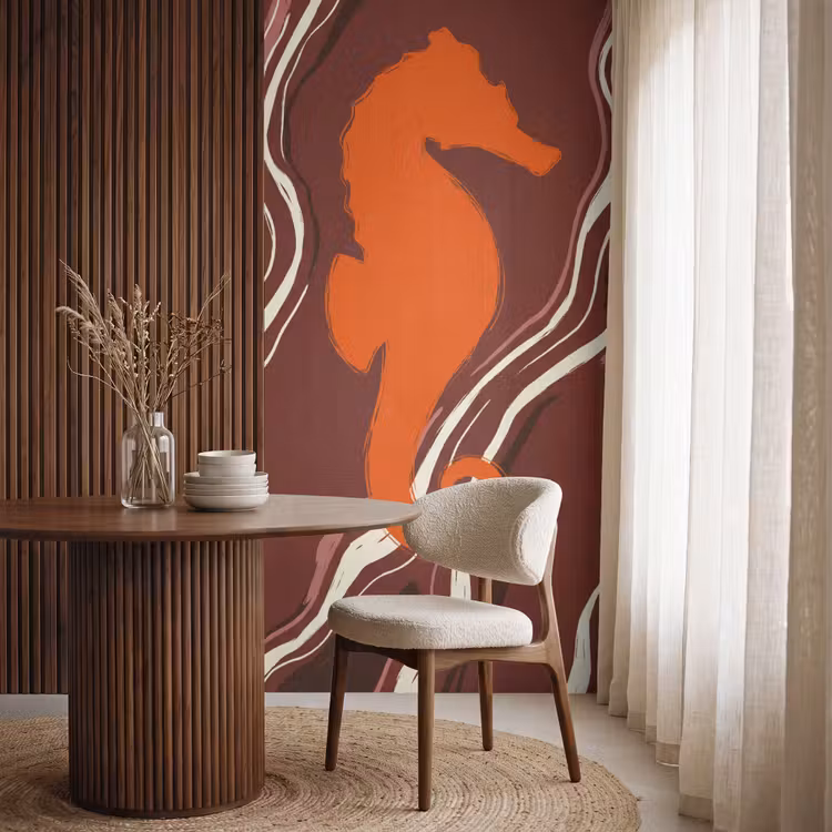 Zeepaardje - Golven - Zeeleven - Abstract - Oranje Behang Vlies klein -sfeer1