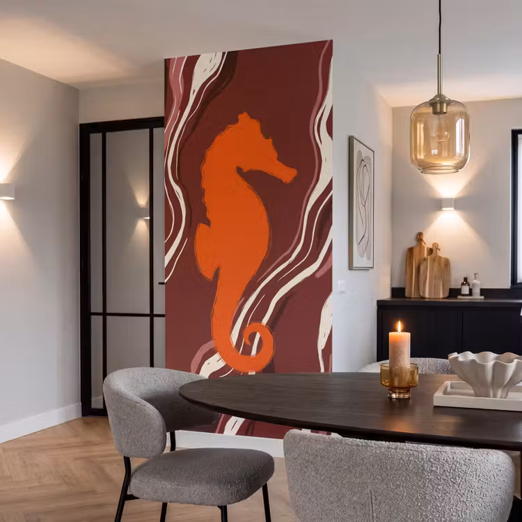 Zeepaardje - Golven - Zeeleven - Abstract - Oranje Behang Vlies klein -sfeer3