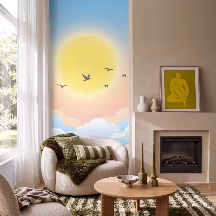 Zon - Vogels - Lucht - Natuur - Geel Behang Vlies klein -sfeer2
