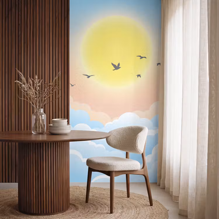 Zon - Vogels - Lucht - Natuur - Geel Behang Vlies klein -sfeer1